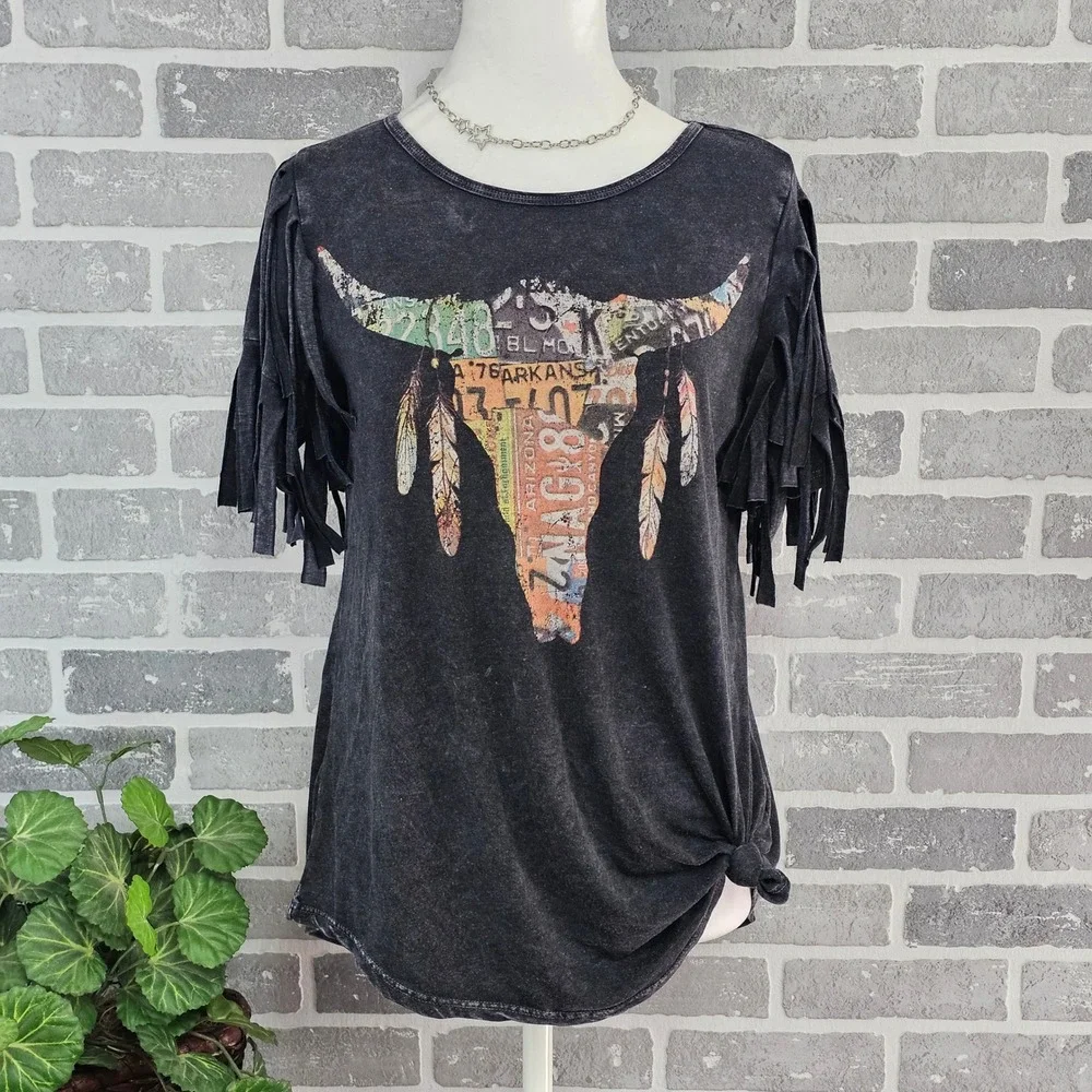 The Party Fringe Sleeve Top Bull License Plate Graphic Sz Small Cowgirl Festival - Picture 1 of 9